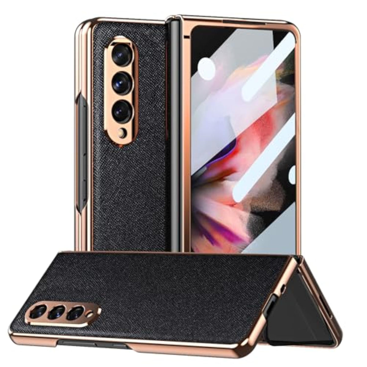 For Samsung Galaxy Z Fold 3 Case [ Electroplated Frame ] Leather Back, Built In Screen Protector, Ultra Thin And Slim, Wireless Charging, Grip Easy, Phone Cover 5G 2021, Black