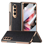 For Samsung Galaxy Z Fold 3 Case [ Electroplated Frame ] Leather Back, Built In Screen Protector, Ultra Thin And Slim, Wireless Charging, Grip Easy, Phone Cover 5G 2021, Black
