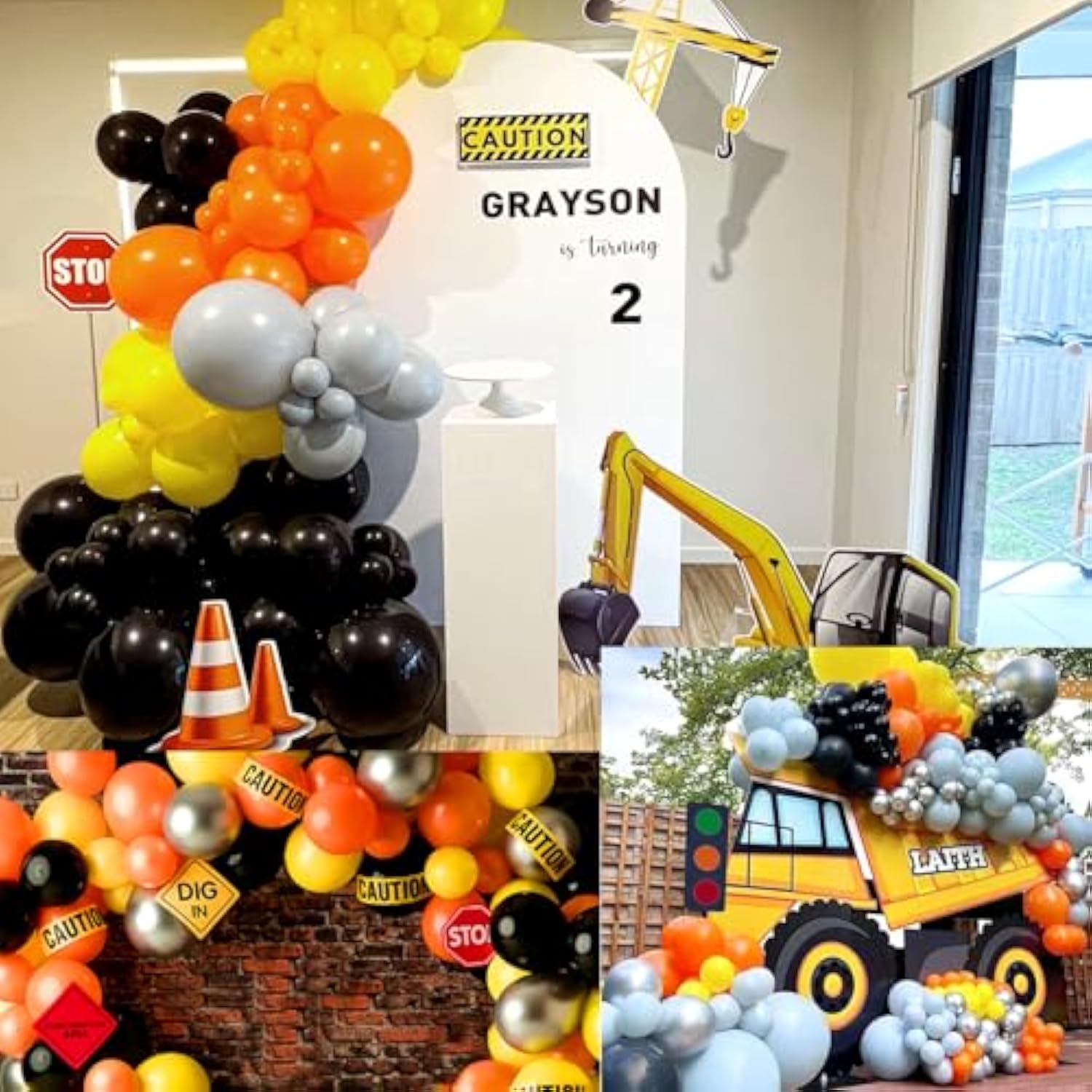 Construction Birthday Party Decorations - Construction Balloon Arch Kit,12 Wall Decor Sign,Yellow Caution Tape,4 Mini Construction Vehicle,Tattoos,Banner,Tablecloth,Cake Topper,For Kids Birthday Party