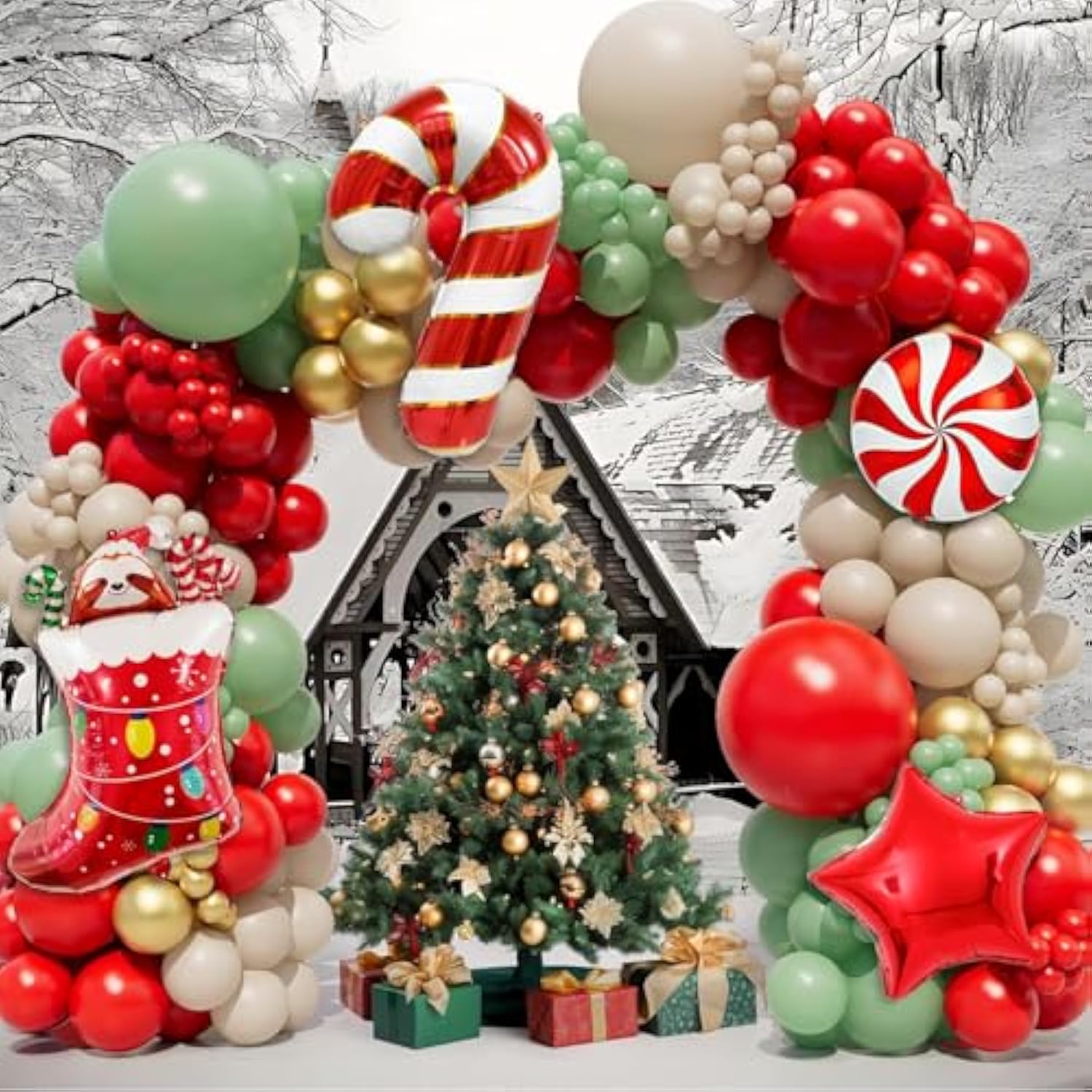 Christmas Balloon Arch Garland Kit 159Pcs Red Sage Green Gold Balloons With Candy Cane Swirl Christmas Stocking Foil Balloons Friendsmas Santa Ugly Sweater Party Decorations