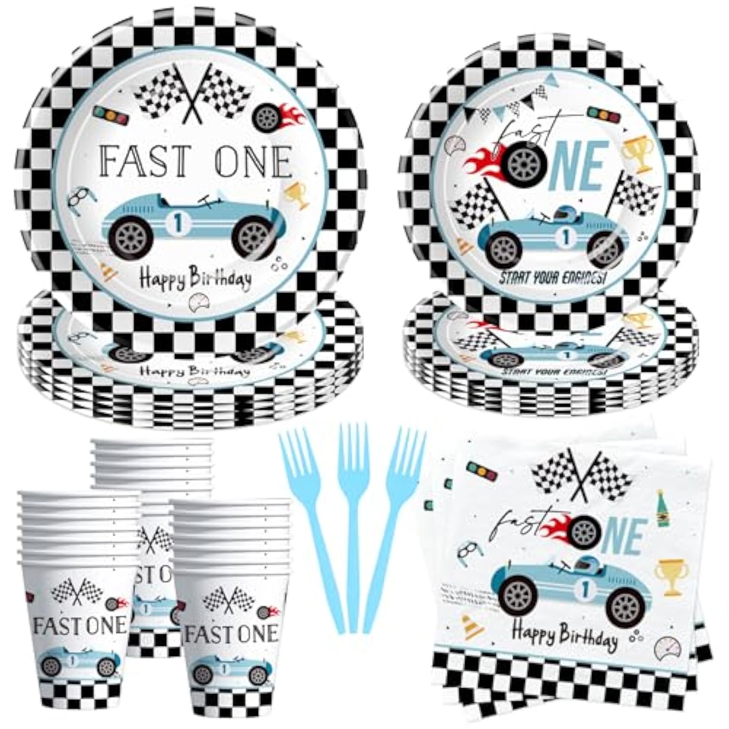 Race Car 1St Birthday Party Supplies - Fast One Plates And Napkins Decorations Boys Tableware, Plate, Cup, Napkin, Fork, Blue Race Car One-Year-Old Decorations | Serve 24