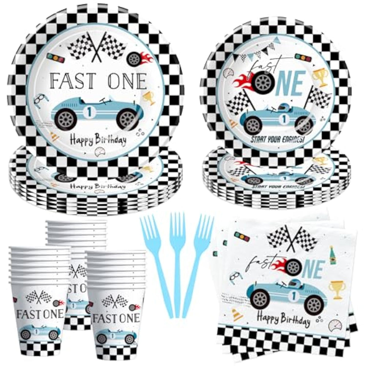Race Car 1St Birthday Party Supplies - Fast One Plates And Napkins Decorations Boys Tableware, Plate, Cup, Napkin, Fork, Blue Race Car One-Year-Old Decorations | Serve 24
