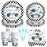 Race Car 1St Birthday Party Supplies - Fast One Plates And Napkins Decorations Boys Tableware, Plate, Cup, Napkin, Fork, Blue Race Car One-Year-Old Decorations | Serve 24