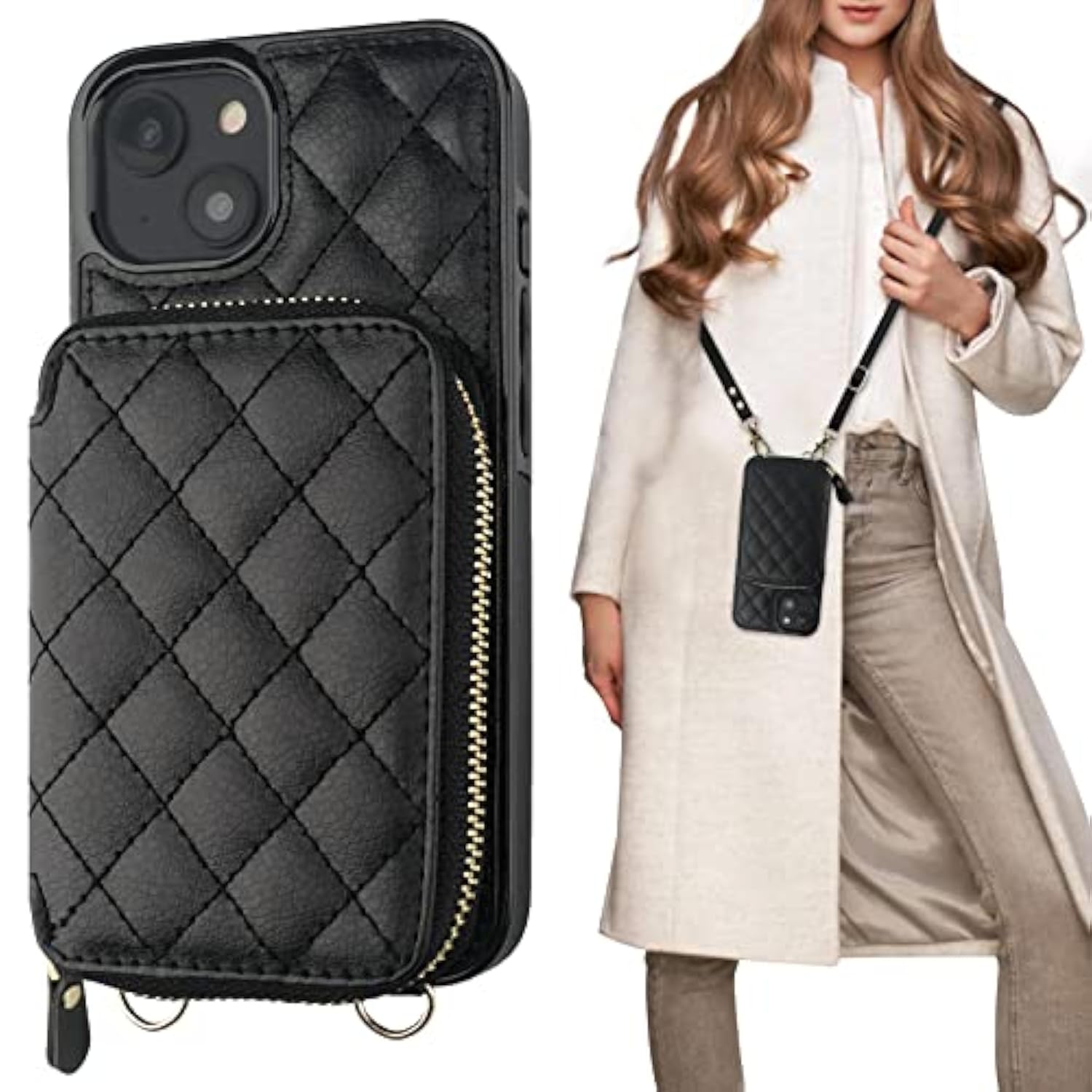 Crossbody Wallet Case For Iphone 14 Plus, Rfid Blocking Pu Leather Zipper Handbag Purse Flip Cover, Kickstand Folio Case With Card Slots Holder Wrist Strap Lanyard 5G 6.7 Inch (Black)