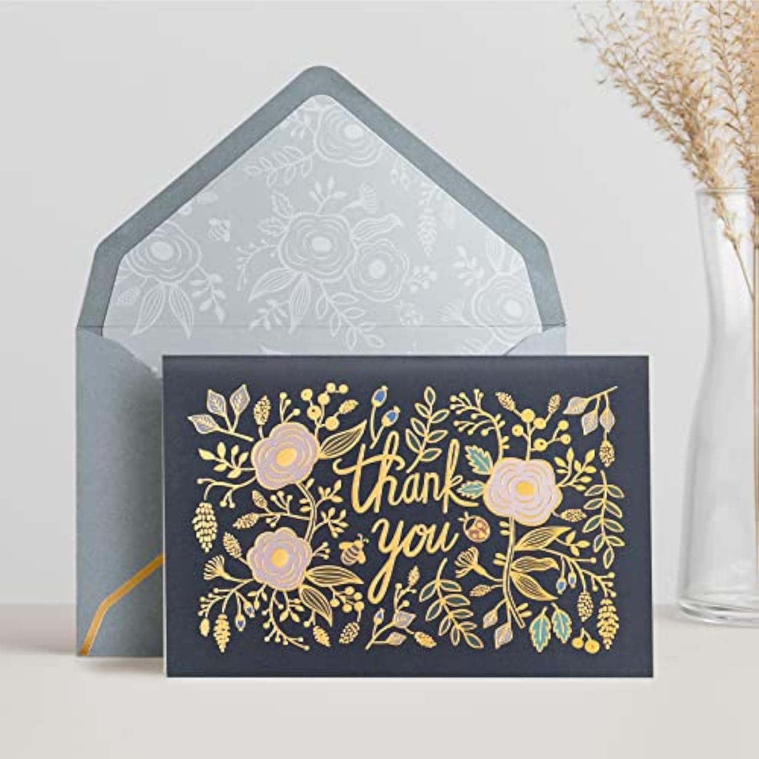 Thank You Cards With Envelopes, 24-Count, Midnight And Gilded Blooms, Gold Foil Floral Design, 4 X 6 Inches, Blank Inside Bulk Notes For Weddings, Baby Showers, Bridal Showers