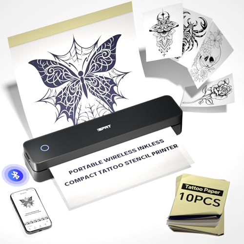 Tattoo Stencil Printer,Wireless Thermal Tattoo Printer With 10Pcs Tattoo Transfer Paper,Bluetooth Portable Tattoo Machine For Artists & Beginners,Compatible With Smartphone/Tablet/Pc