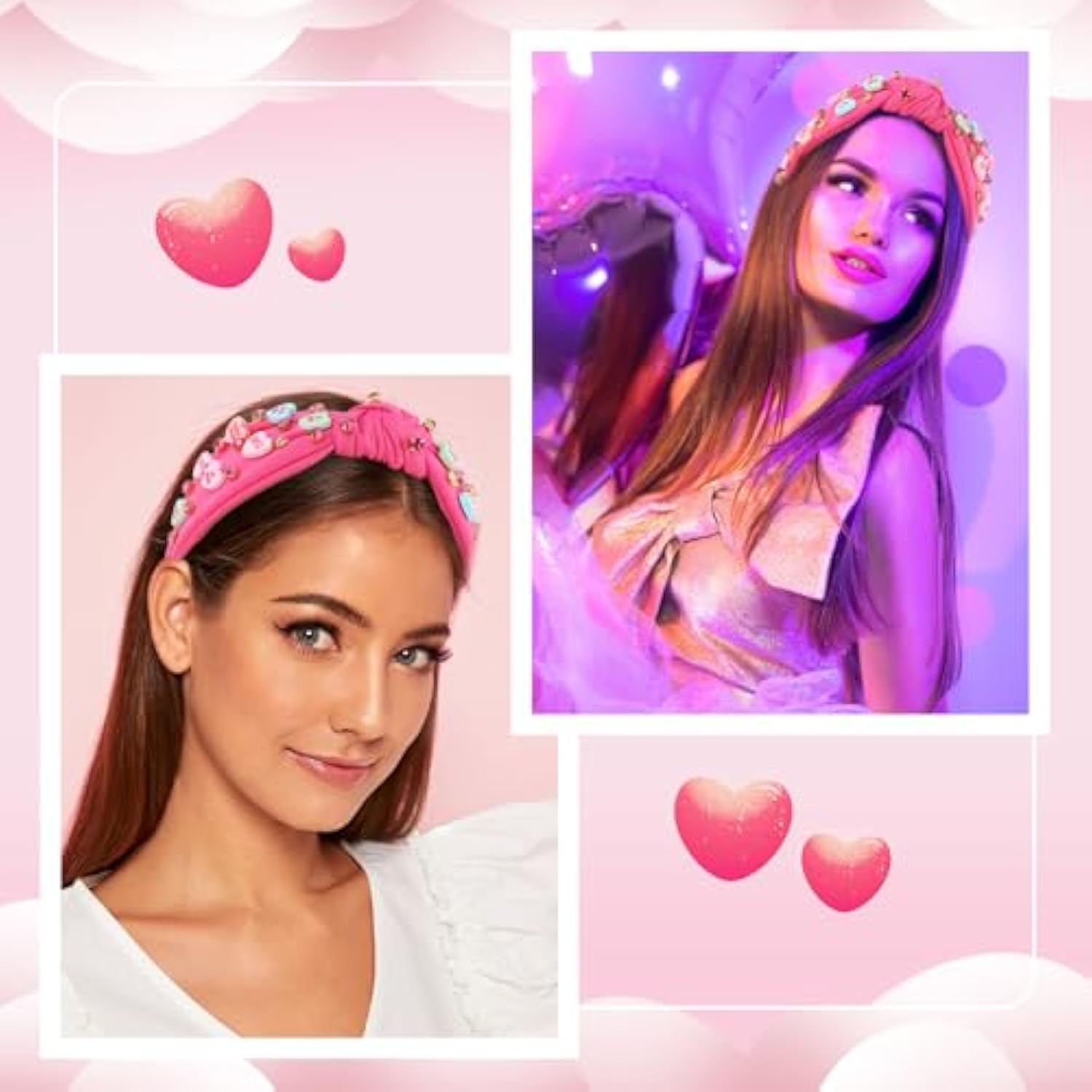 Valentines Day Headbands For Women Love Sweet Heart Headband Hot Pink Rhinestone Knotted Headband For Women Valentine Day Decorations Fashion Headband Hair Accessories
