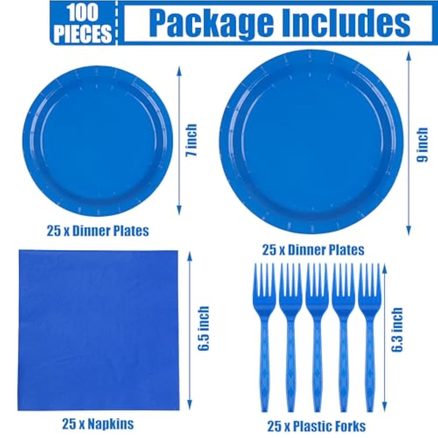 100 Count Blue Paper Plates, Napkins, And Forks - Disposable Party Tableware Set For Wedding, Birthday, Bridal Shower, Baby Shower - Serves 25