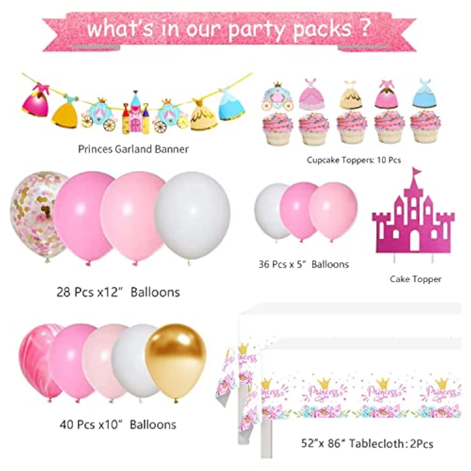 Princess Party Decorations - Princess Birthday Decorations Include Balloon Arch, Banner, Backdrop, Tablecloth, Tulle, Crown, Wand, Sash, Cake Topper, Girls Princess Birthday Party Supplies