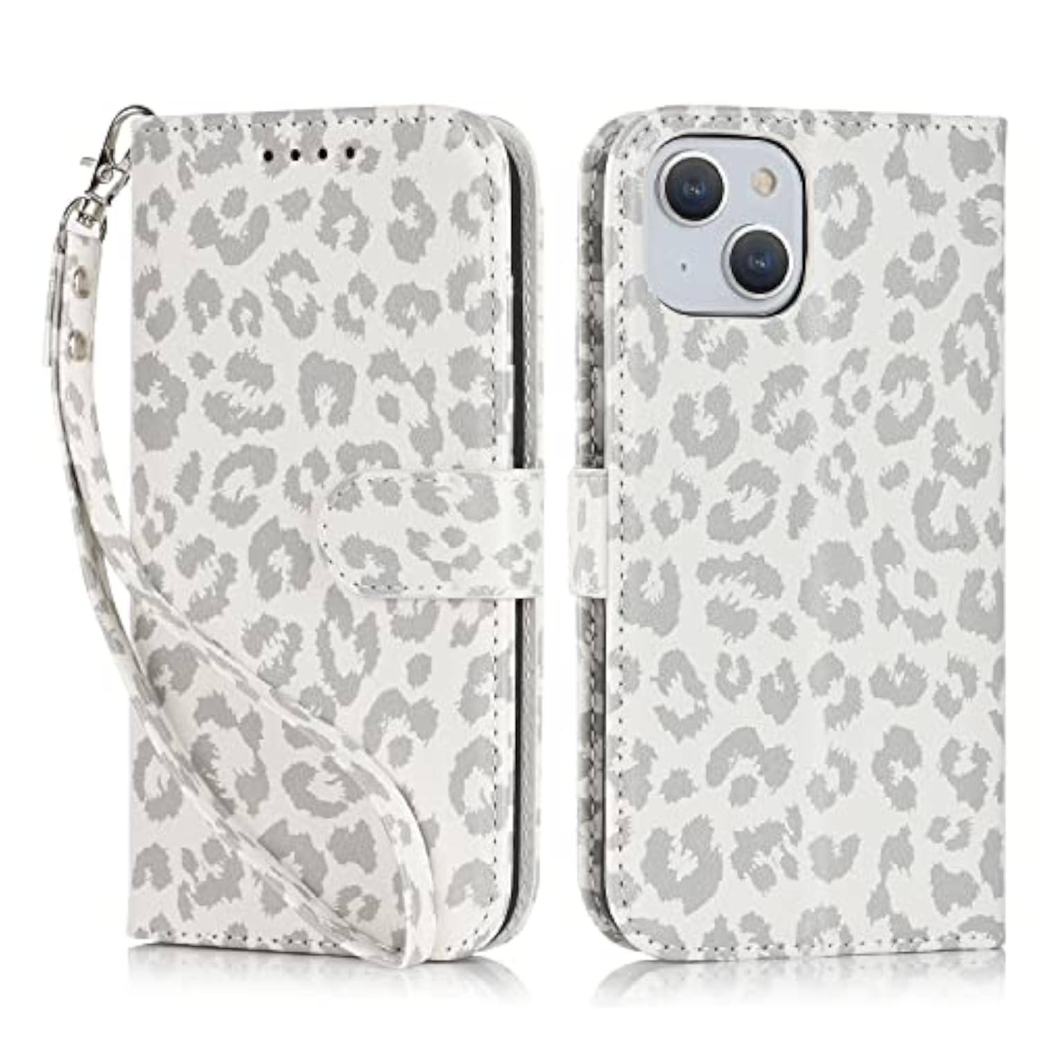 Premium PU Leather Wallet Case with Card Holder and Wrist Strap for iPhone 13/14, 6.1 Inch, White Leopard