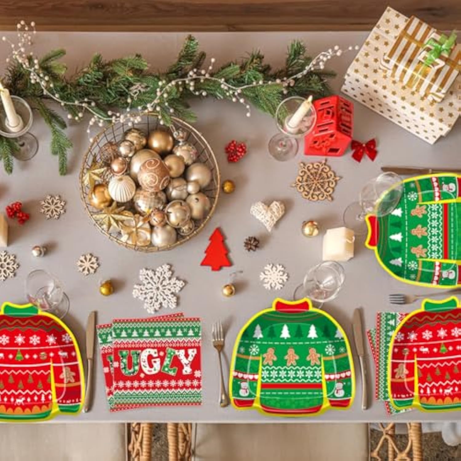 176 Pcs Ugly Sweater Party Decorations - Christmas Party Supplies Includes Plates, Napkins, Cups, Forks, Knives, Banner, Tablecloth, Balloon Garland Kit For Christmas Party Decorations, Serves 25