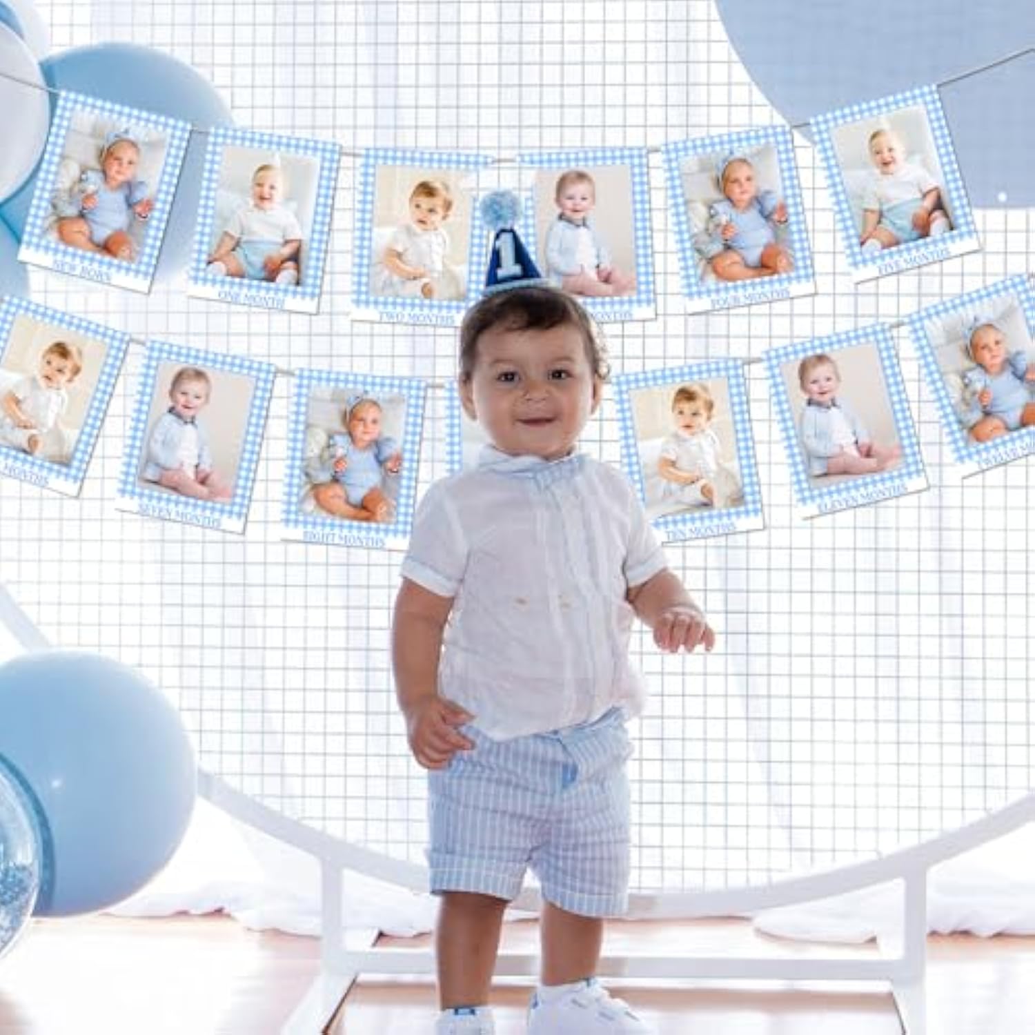 Blue Gingham Photo Banner 1St Birthday Baby Photo Banner For Newborn To 12 Months Blue Checkered Monthly Photo Cards Gingham Banner For Baby Boy 1St Birthday Party Supplies