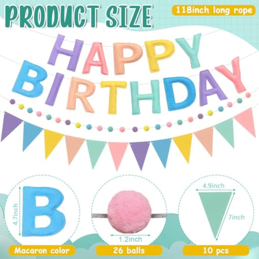 Pre-Strung Reusable Happy Birthday Banner Felt Ball Garland & Multicolor Bunting String Triangle Flags Bulk,Happy Birthday Sign For Party Backdrop Decor?Photo Booth Props (Macarons)