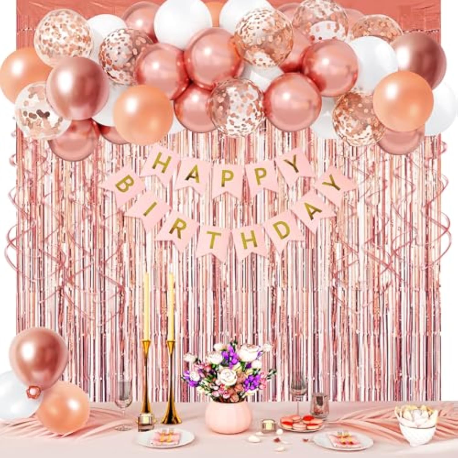 Rose Gold Birthday Decorations For Women Girl, Happy Birthday Banner Fringe Curtains Balloons Tissue Paper Pom Poms Hanging Swirl Birthday Party Décor