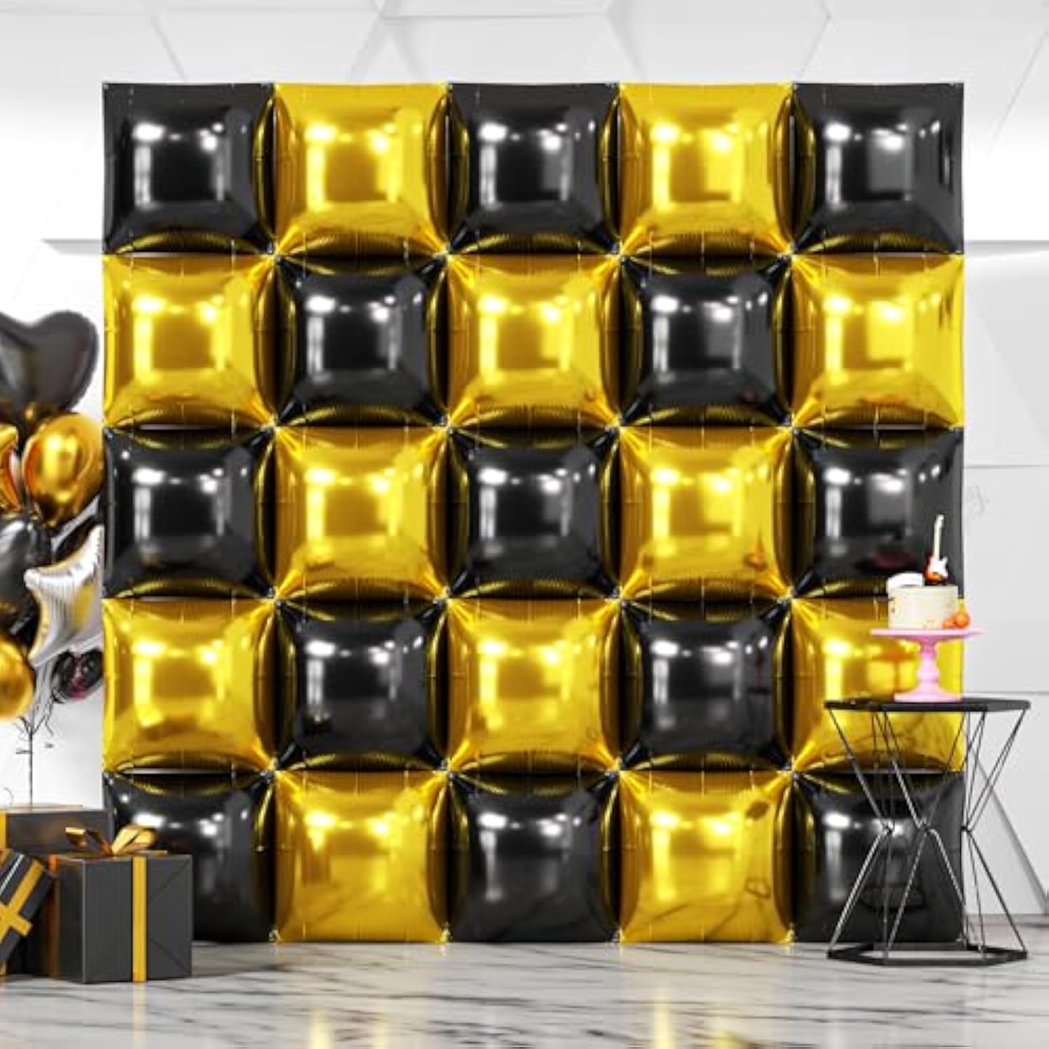 25pcs Black Gold Square Foil Balloons Backdrop for 2026 New Year & Party Decor