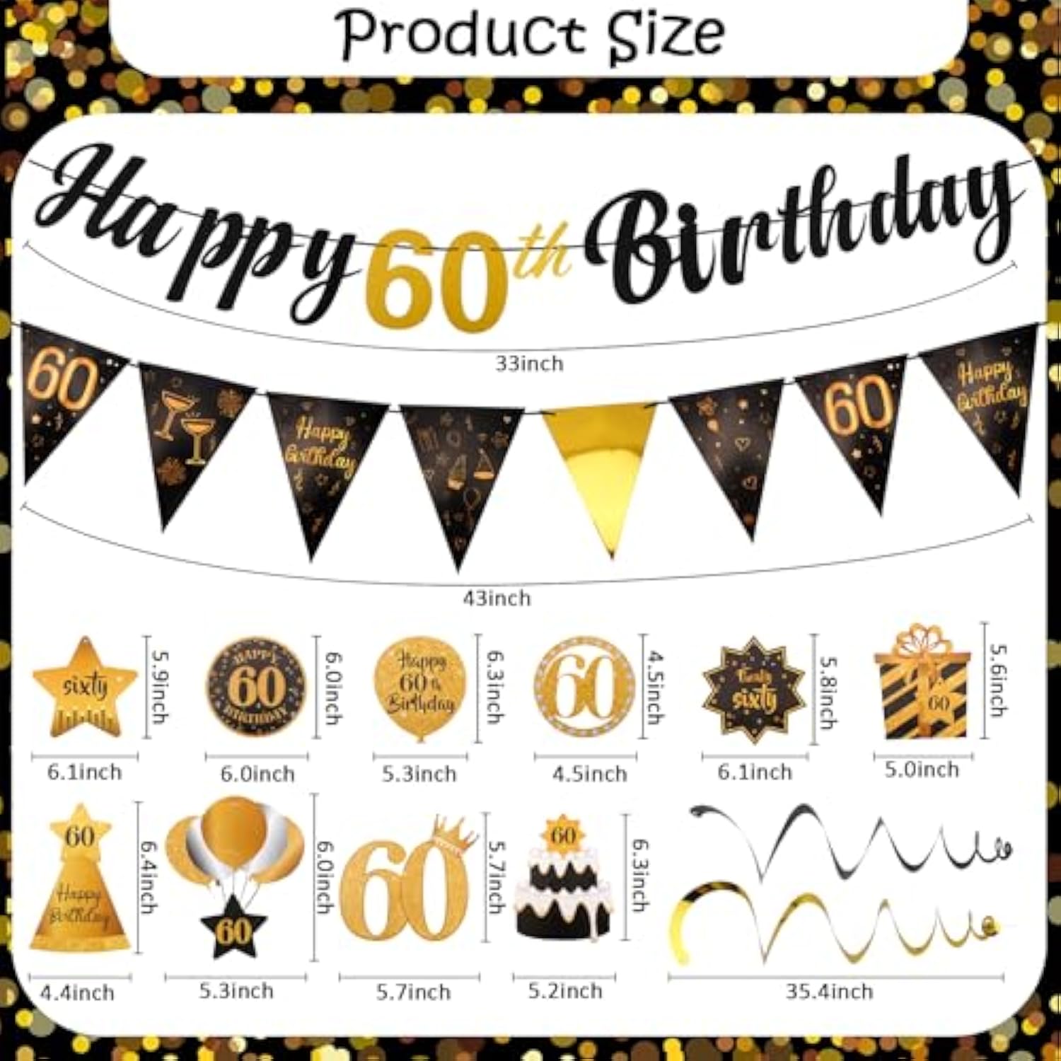 Black & Gold 60Th Birthday Decoration Kit - Happy 60Th Birthday Decorations For Women & Men With 10Pcs Hanging Swirls