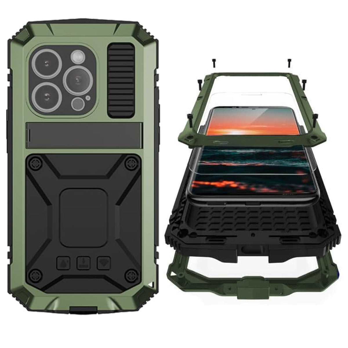 Compatible With Iphone 15 Pro Max Metal Case With Screen Protector Camera Protector Military Rugged Heavy Duty Shockproof Case With Metal Kickstand Full Body Tough Dustproof Case(Green)