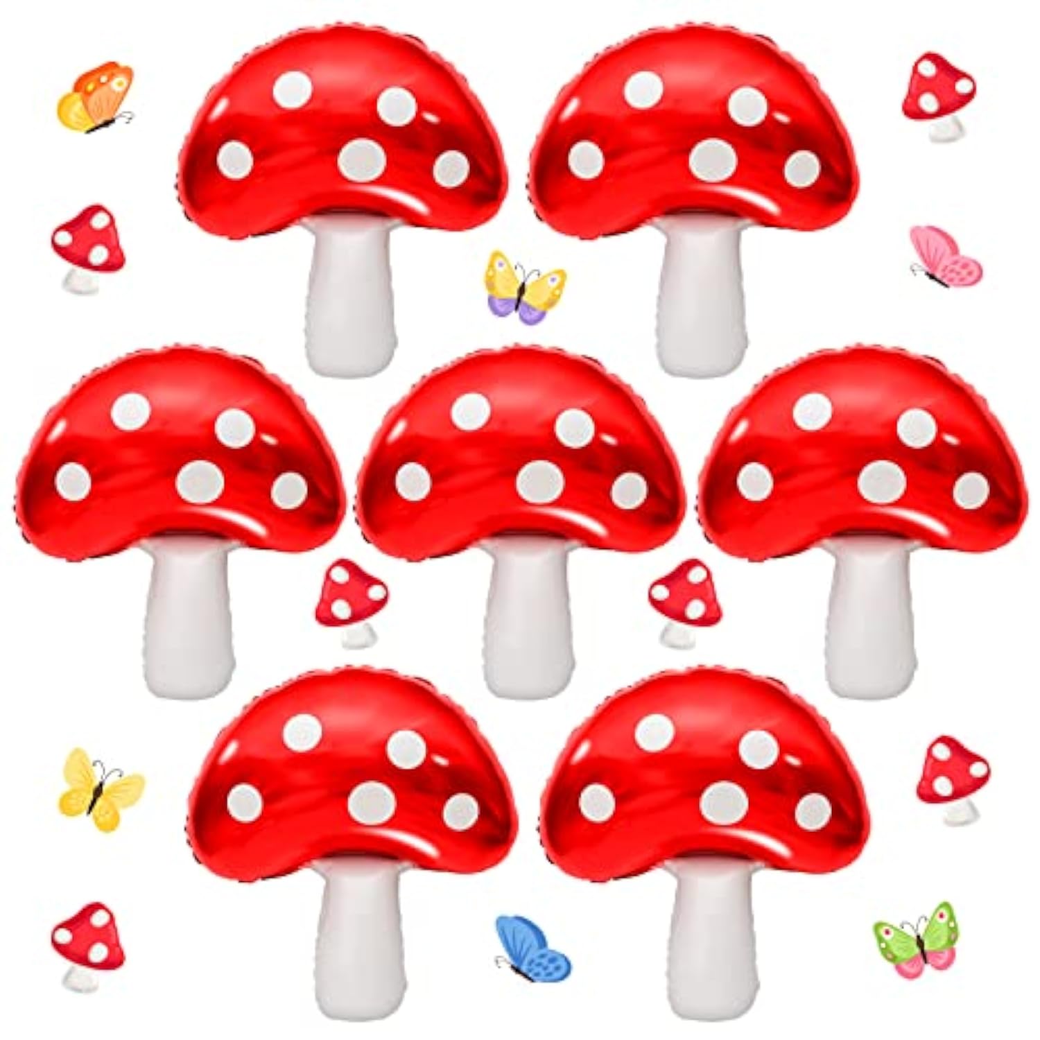 7 Pcs Cute Mushroom Balloons - 31 X 21 Inch Large Mushroom Aluminum Foil Balloons, Easy To Inflate, Fun Mushroom Birthday Forest Plant Theme Party Decorations Supplies