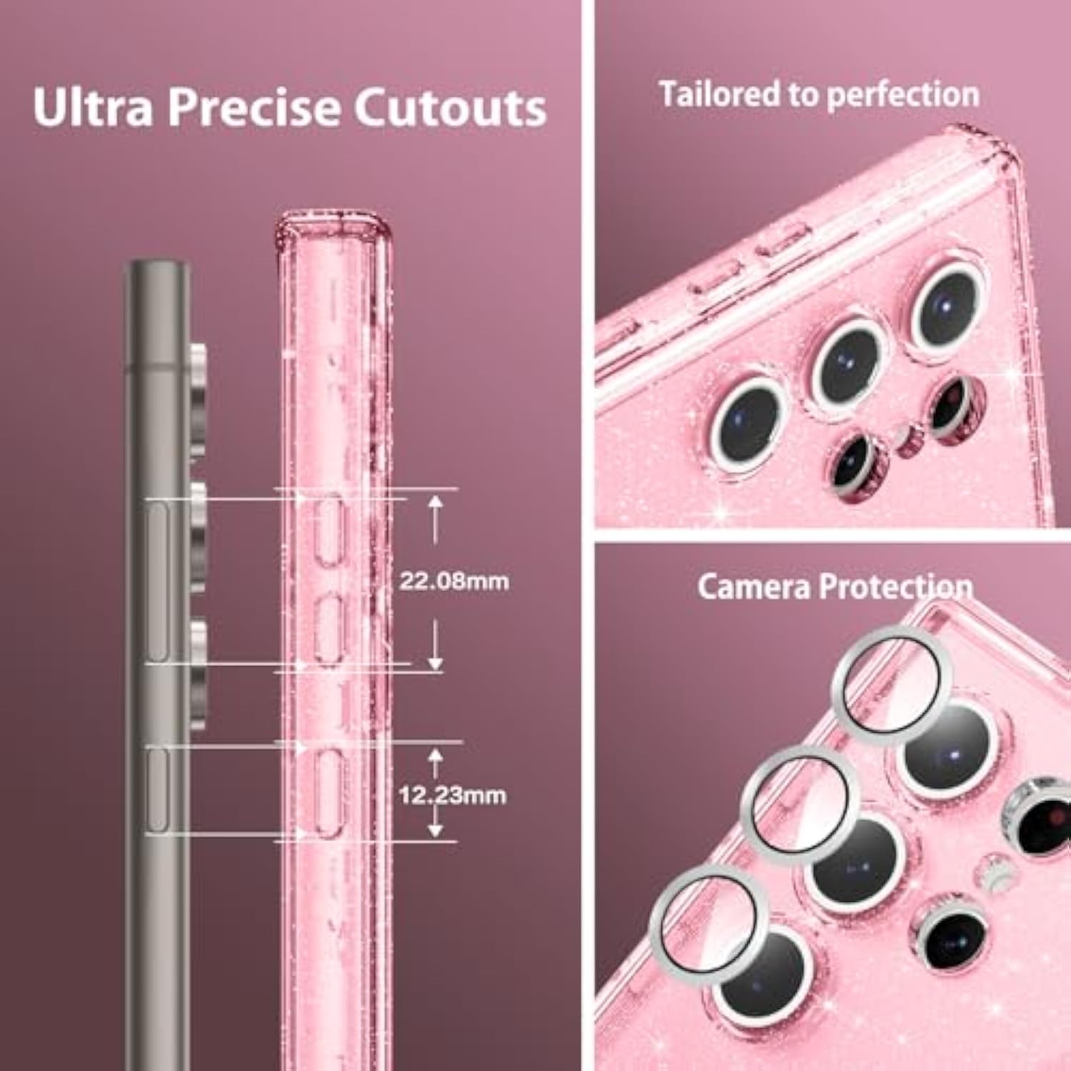 For Samsung Galaxy S24 Ultra Case, Glitter Sparkle 3 In 1 Heavy Duty Cover Hybrid Hard Pc Rugged Shockproof Transparent Protective Bling Phone Case For Samsung S24 Ultra 6.8", Pink/Glitter