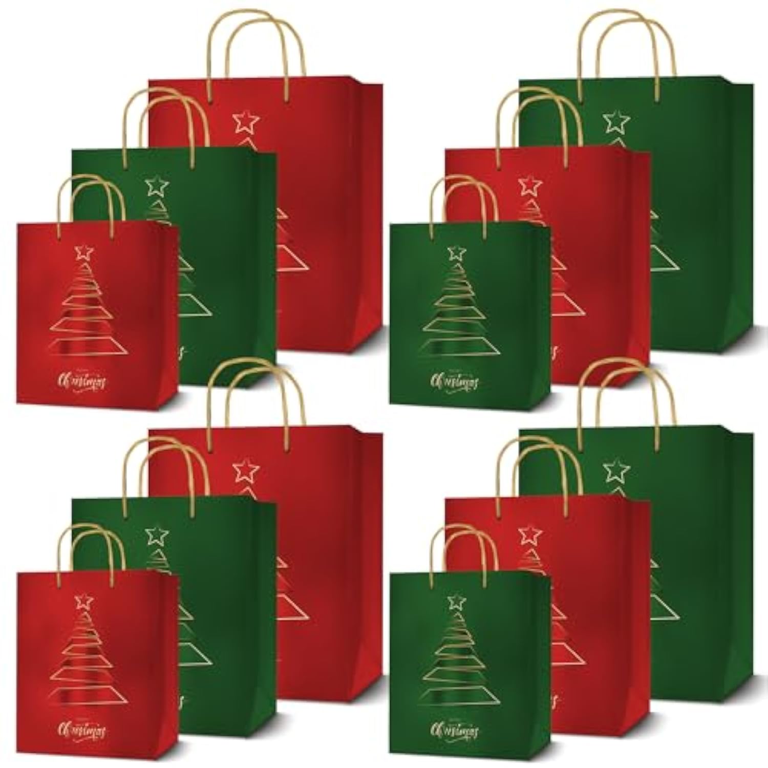 12 Christmas Gift Bags, Red & Green Metallic & Texture Finish With Golden & Spot Gloss Xmas Tree, Assorted Sizes With Handle (4 Extra Large 16", 4 Large 12", 4 Medium 9")