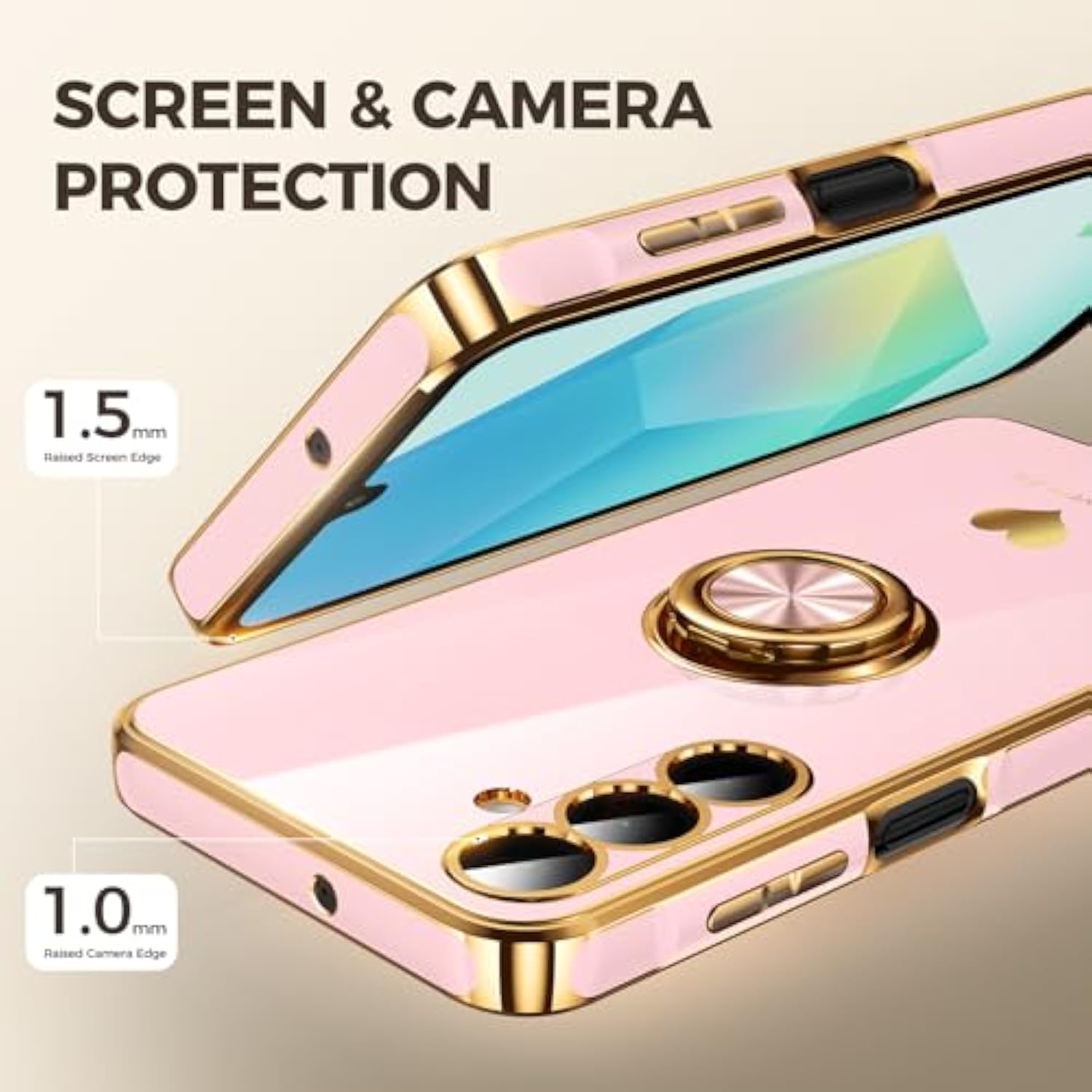 For Samsung Galaxy A16 5G Case With 2 Pack Screen Protector, 360° Rotatable Ring Holder [Luxury Hearts Pattern] Plating Gold Edge Slim Soft Phone Cover Case For Galaxy A16 - Girl Pink