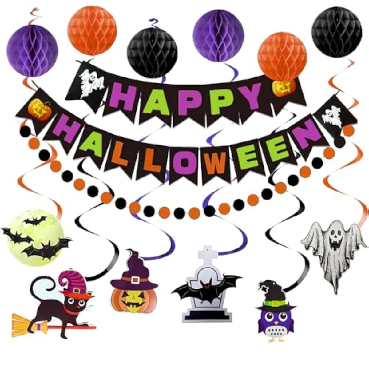 Happy Halloween Banner Orange Purple Black Honeycomb Ball Garland Party Decor