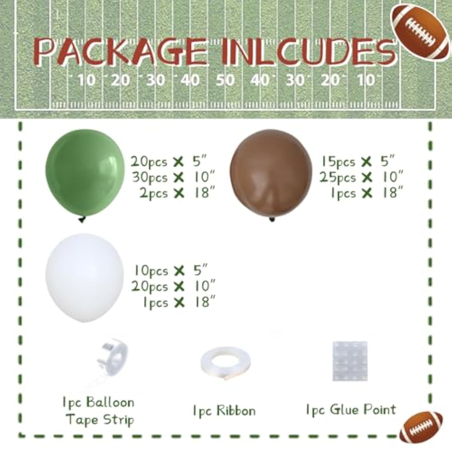 Football Balloon Garland Arch Kit, 128Pcs Sage Green Brown And White Balloons Football Foil Balloons, First Year Down Football Birthday Party Decorations Sport Theme Party Supplies