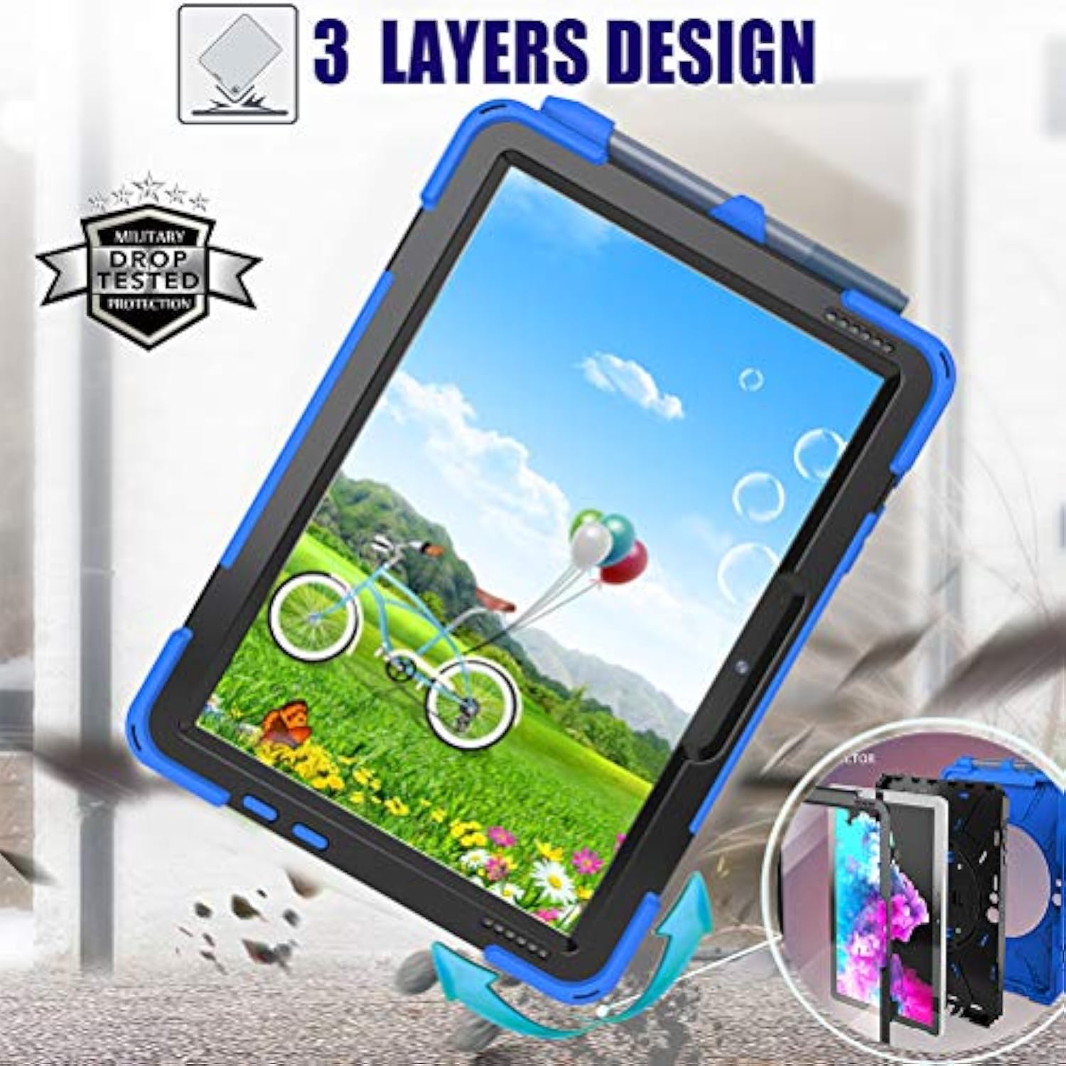 Tablet Case With 360 Rotating Strap And Stand Heavy Duty Protective Full Body Cover Compatible With Microsoft Surface Go 4/3/2/1 Blue
