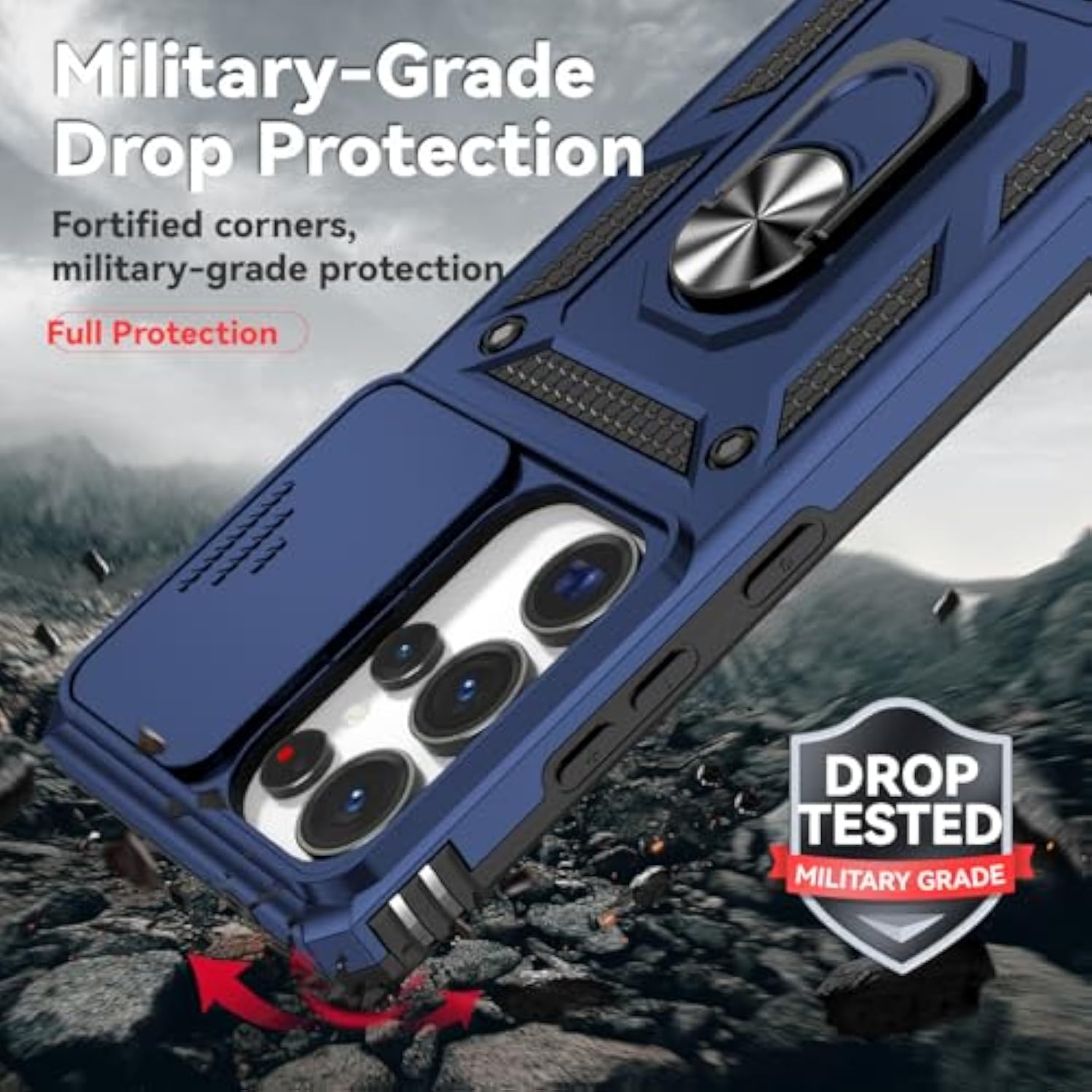 For Samsung Galaxy S25 Ultra Case With Camera Lens Cover Hd Screen Protector, Military-Grade Drop Tested Magnetic Ring Holder Kickstand Protective Phone Case For Samsung Galaxy S25 Ultra (Navy Blue)