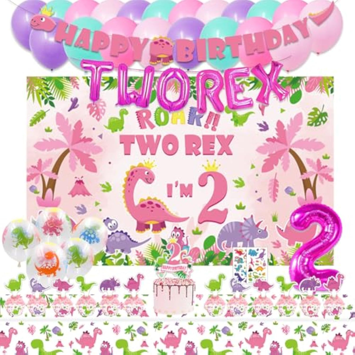 Dinosaur Birthday Party Supplies For 2 Year Old Girl, Two Rex Pink Dinosaur Dino Party Decorations For Girls Baby - Backdrop, Banner, Toppers, Cupcakes Wrappers, Balloons And Tablecloth
