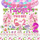 Dinosaur Birthday Party Supplies For 2 Year Old Girl, Two Rex Pink Dinosaur Dino Party Decorations For Girls Baby - Backdrop, Banner, Toppers, Cupcakes Wrappers, Balloons And Tablecloth