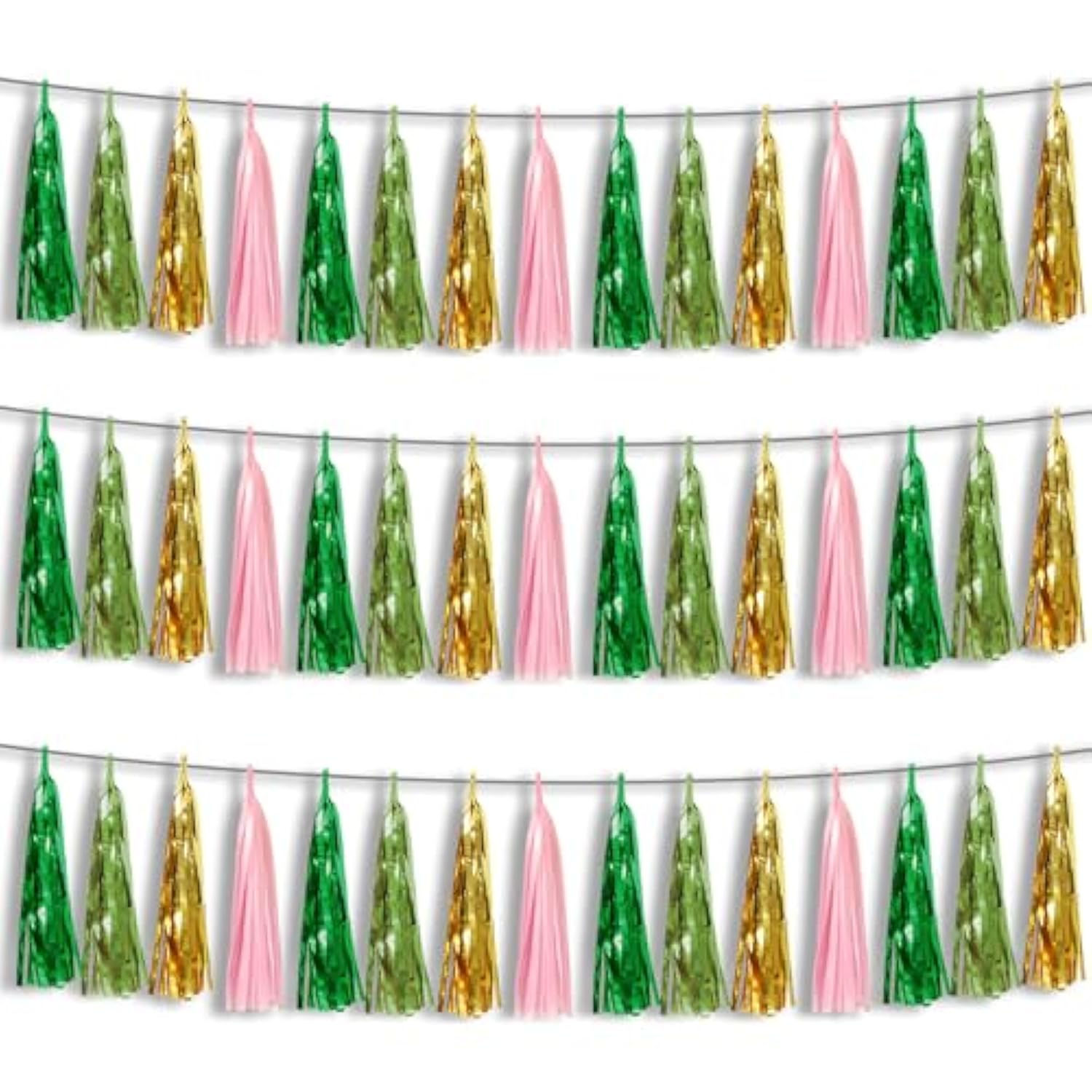 3P Sage-Green Pink-Gold Foil Fringe Metallic Tassel Garland, Tassels Banner Streamers For Parade Floats, Bachelorette, Wedding, Birthday, Halloween, Christmas, Bridal/Baby Shower Party Decorations