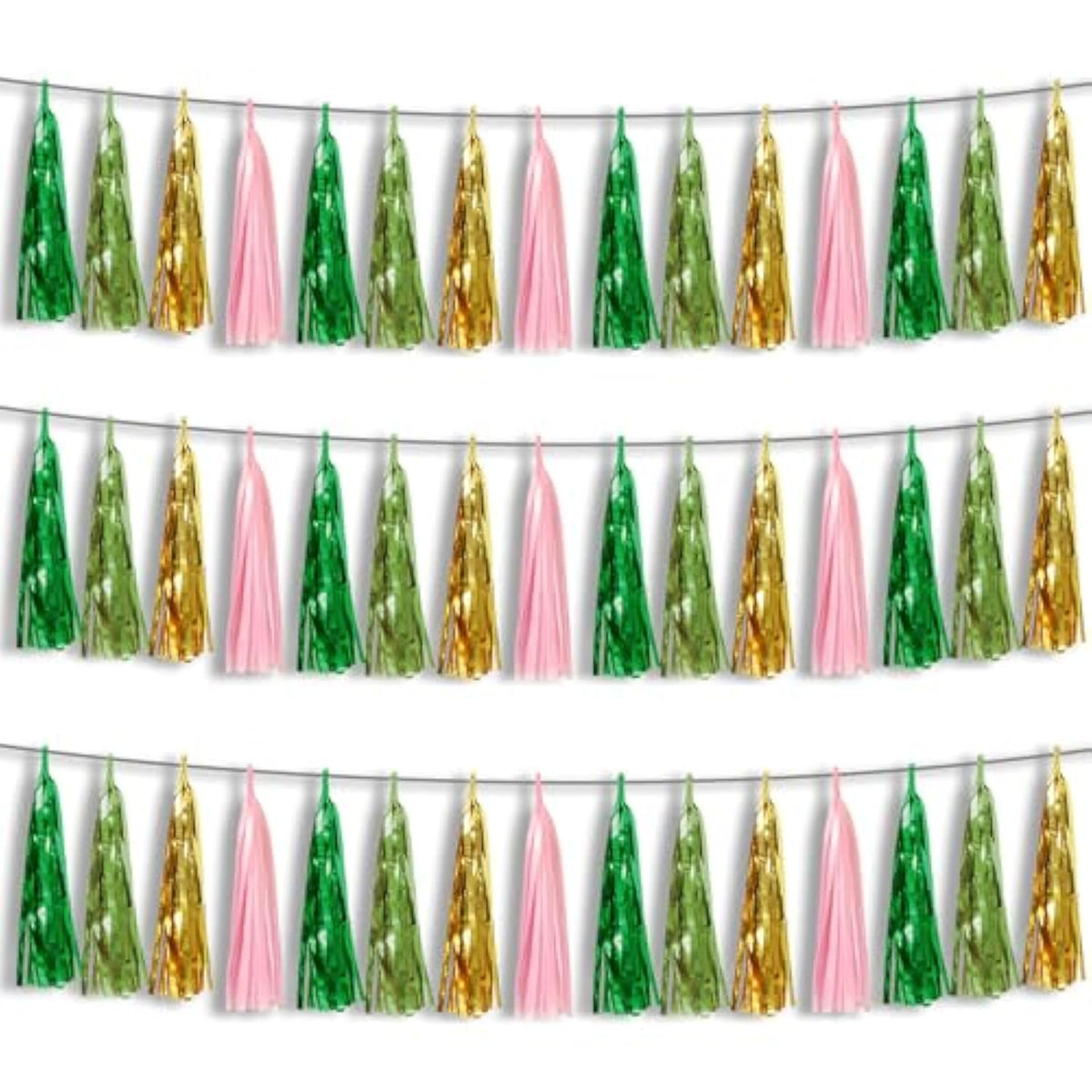 3P Sage-Green Pink-Gold Foil Fringe Metallic Tassel Garland, Tassels Banner Streamers For Parade Floats, Bachelorette, Wedding, Birthday, Halloween, Christmas, Bridal/Baby Shower Party Decorations