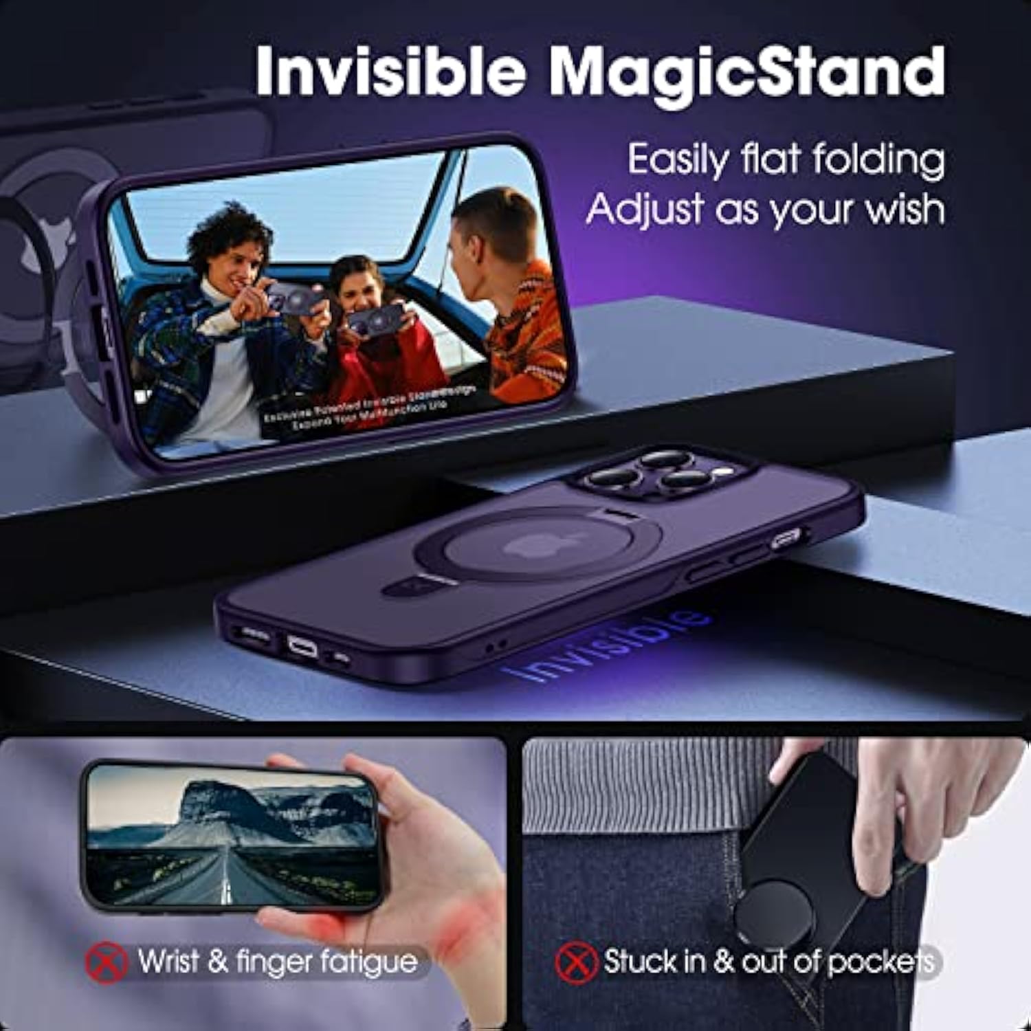 Designed Case For Iphone 14 Pro Max With Magnetic Invisible Stand [Military Drop Protection] [Compatible With Magsafe] Shockproof Slim Translucent Matte Promax Case 6.7 Inch, Purple
