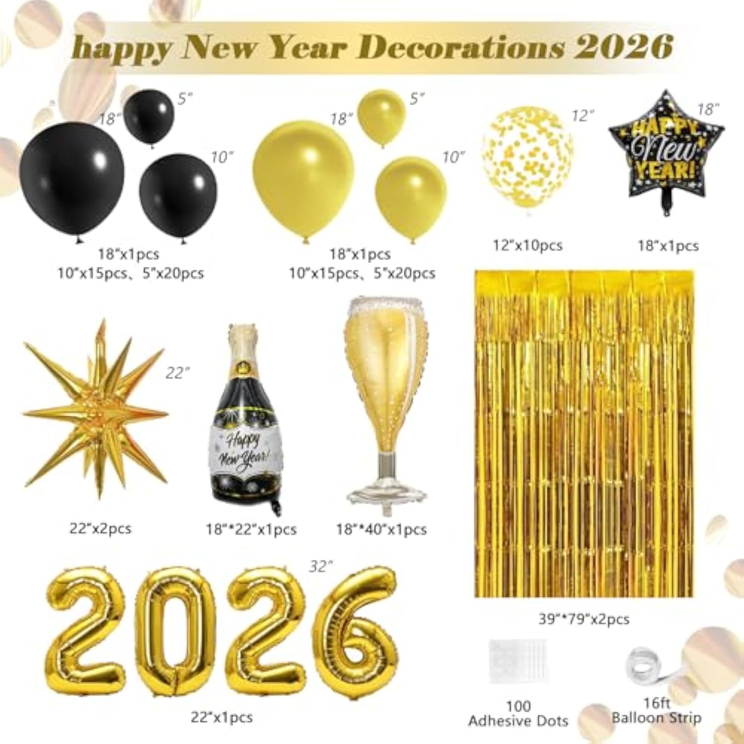 Black Gold Happy New Year 2026 Balloons Banner Fringe Curtain Party Decor