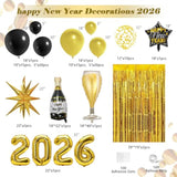 Black Gold Happy New Year 2026 Balloons Banner Fringe Curtain Party Decor