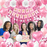 Pink Birthday Party Set Banner, Balloons, Pom Poms, Confetti, & Fringe Curtain
