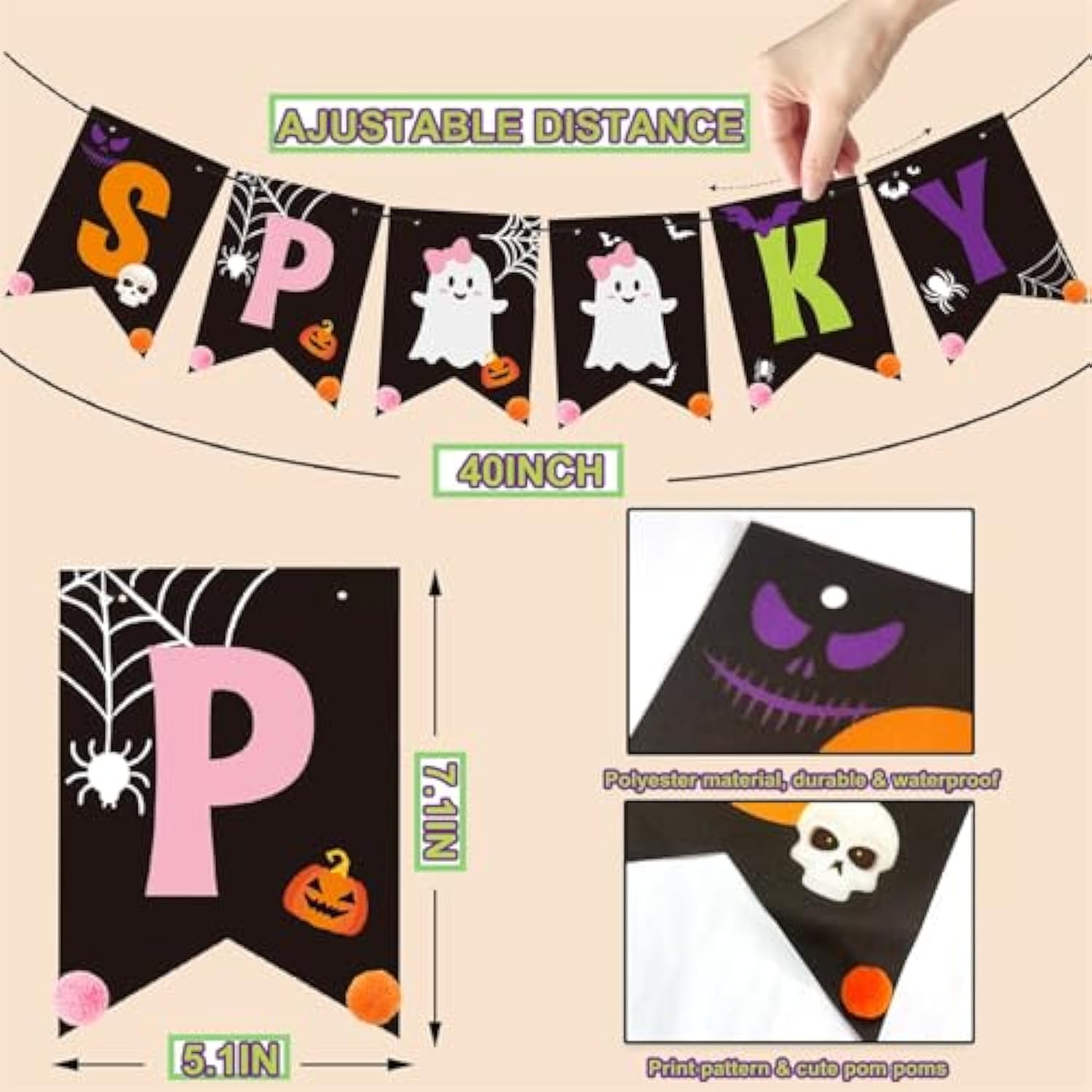 Spooky Halloween Banner with Bats Stickers Pink Purple Black Orange Party Wall Decor