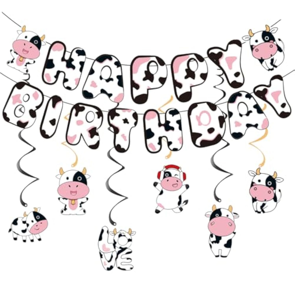 Cow Birthday Decorations, Cute Animal Themed Happy Birthday Banner, Boy Girl Funny Party Supplies With Banner And Hanging Swirl