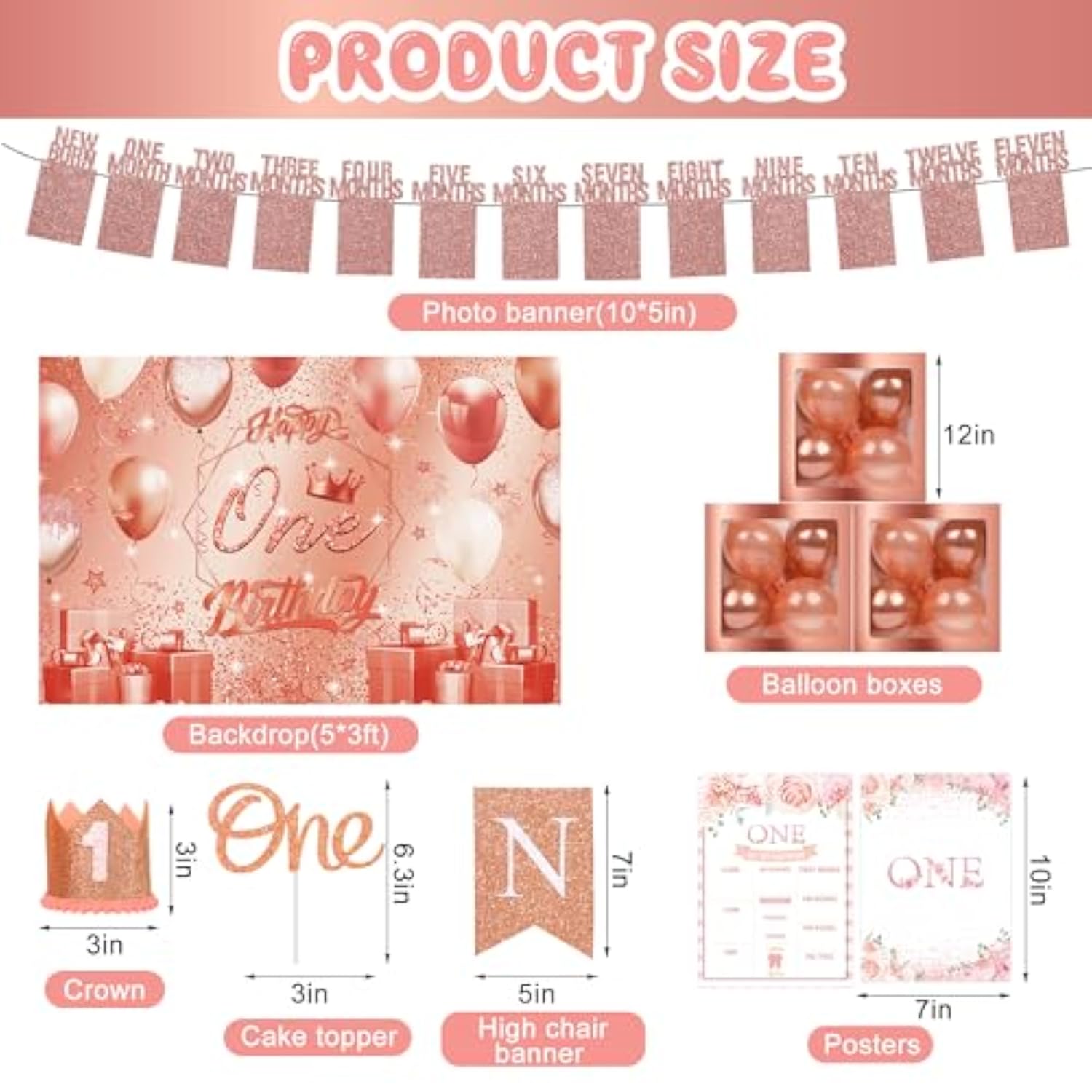 Rose Gold 1St Birthday Decorations Girl First Birthday Party Supplies Include Rose Gold Balloon Arch And Balloons Boxes Photo Banner Backdrop For Baby Girl Party Supplies