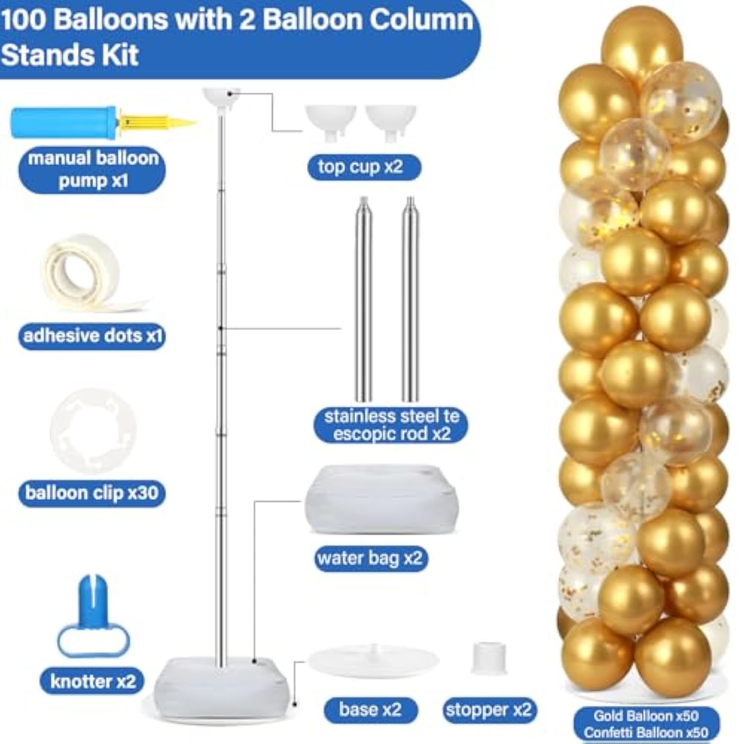 Gold Balloon Column Kit with 100 Balloons & Stands for Parties, Weddings, Birthdays and More