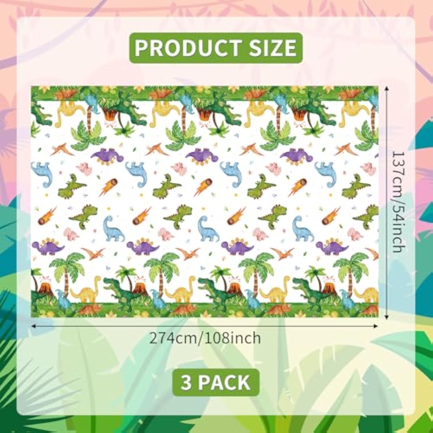 3-Piece 54 X 108 Inch Dinosaur Theme Plastic Tablecloth - Disposable Rectangle Table Cover For Dining, Picnic, Birthday, Baby Shower, Dino Party, Festive Themed Indoor Outdoor Decorations