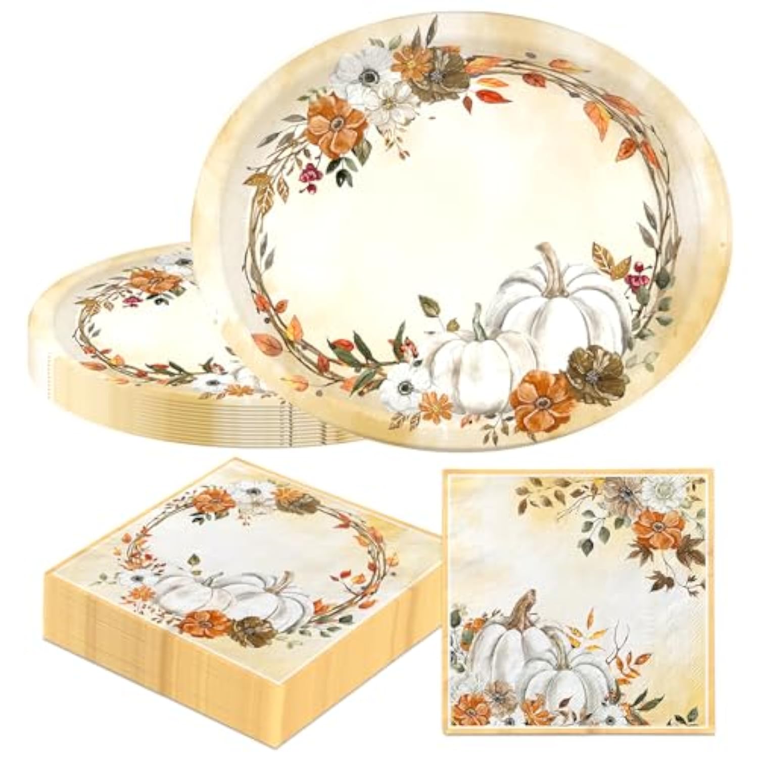White Pumpkin Paper Plates And Napkins Serve 50, Boho Oval Fall Plates 10" X 12" With 6.5" Napkins Floral Autumn Tableware Fall Party Decorations For Birthday Baby Shower Bridal Shower Thanksgiving