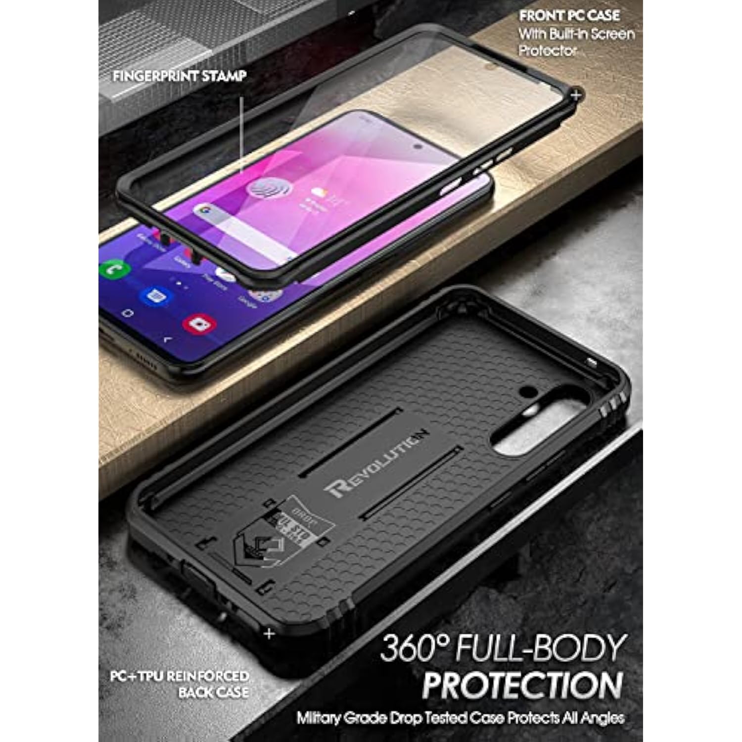 Revolution Case For Samsung Galaxy A54 5G, Built-In Screen Protector Work With Fingerprint Id, Full Body Rugged Shockproof Protective Cover Case With Kickstand, Black