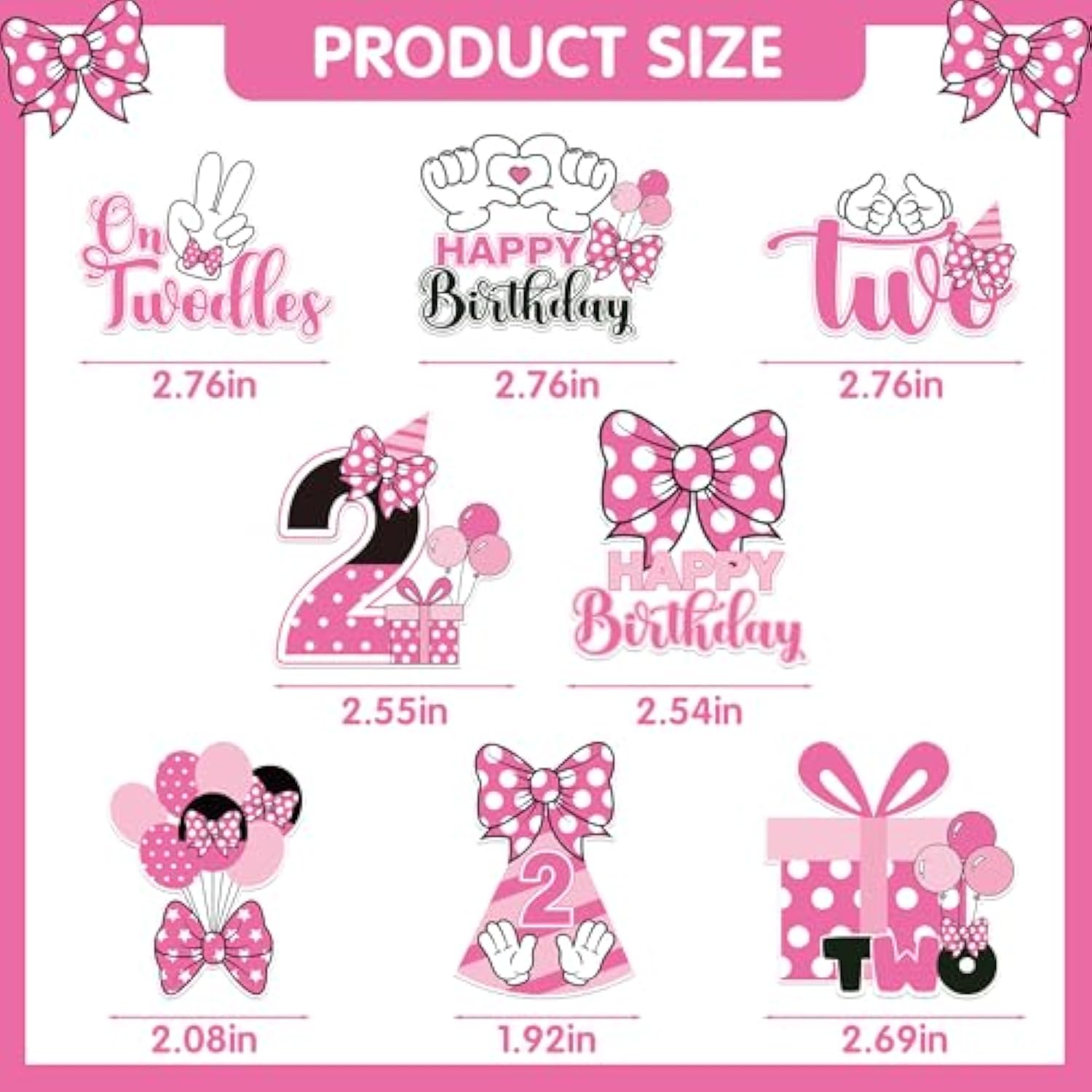 Oh Twodles Cupcake Toppers - 24 Pcs Pink And White Cartoon Mouse Bow Dots Cake Cupcakes Dessert Topper Decor Set 2Nd Birthday Party Decorations Supplies Favors For Two Years Old Kids Girls