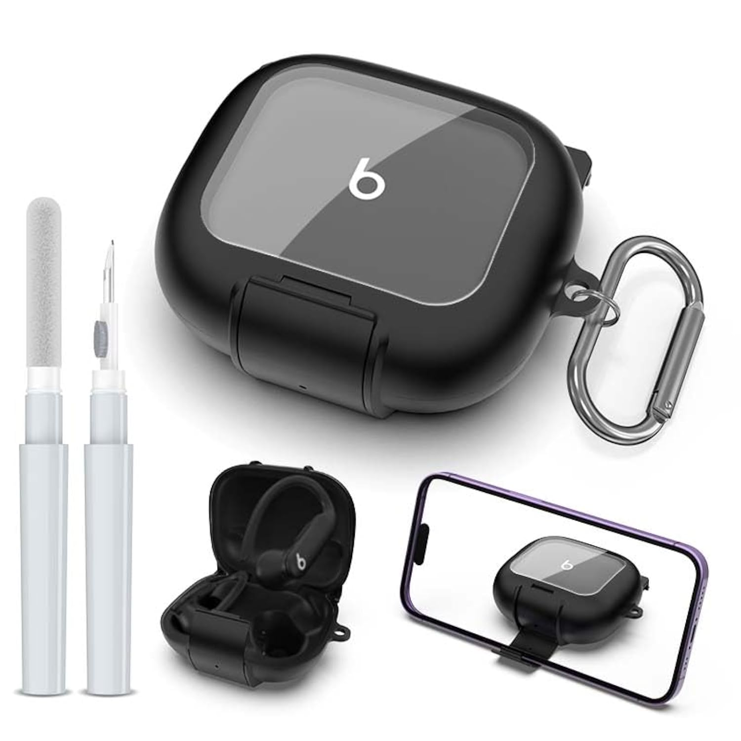 Beats Powerbeats Pro 2 Protective Case with Secure Lock & Phone Stand, Shockproof Clear Case Compatible with Powerbeats Pro2 Earbuds with Cleaner Kit & Keychain (Black)