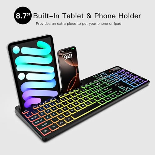 Kb600 Wireless Keyboard With 7-Color Rgb Backlit, 2.4Ghz Full-Size Computer Keyboard With Phone Tablet Holder, Number Pad, 22 Multimedia Hotkeys, Rechargeable For Mac, Windows