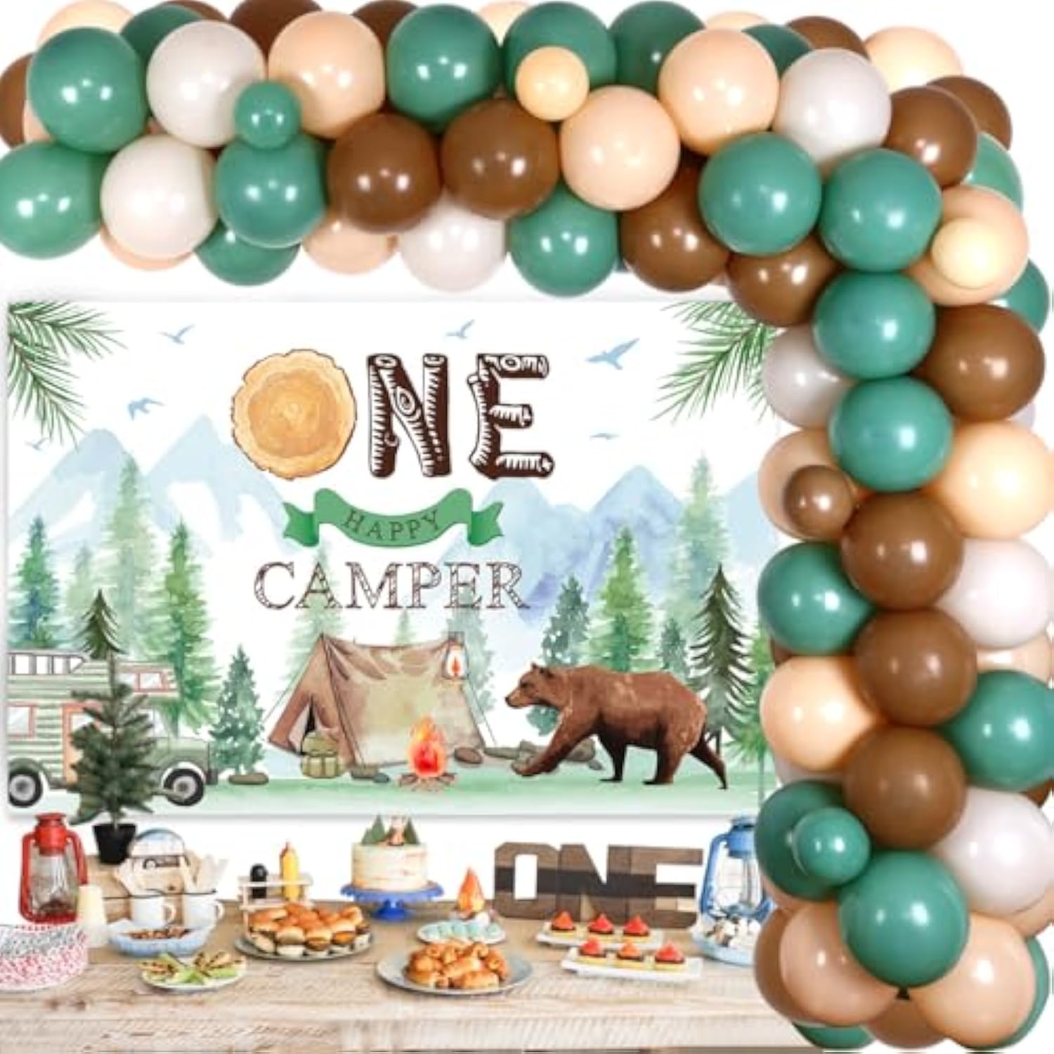 One Happy Camper Birthday Decorations For Kids Green 1St Forest Jungle