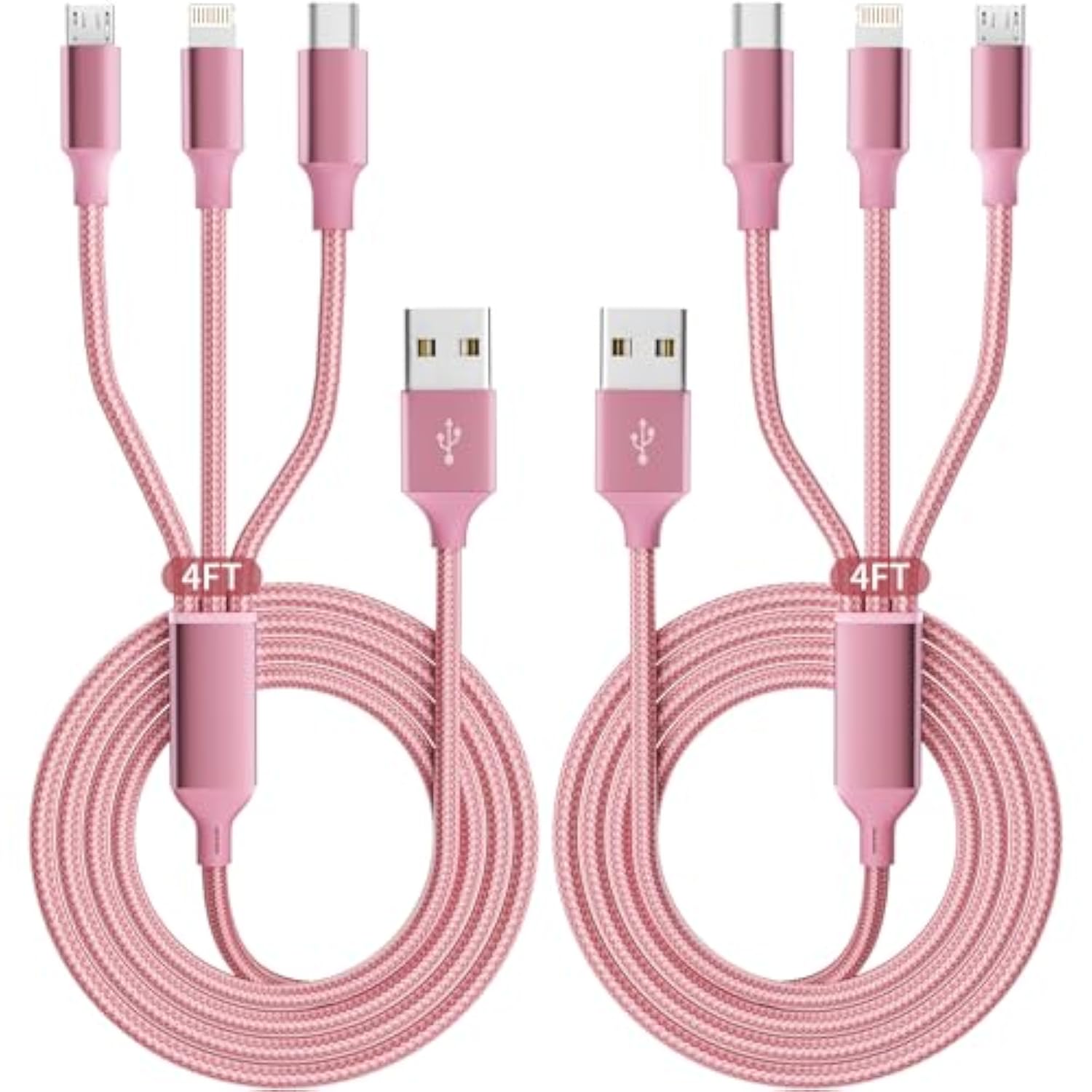 2-Pack 4ft 3-in-1 Nylon Braided USB Charging Cable Type-C Micro iP Universal