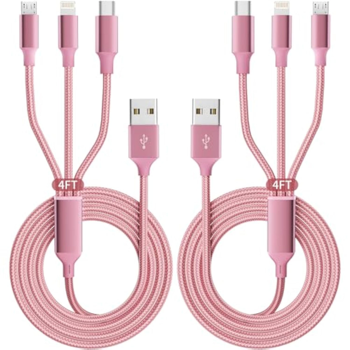 2-Pack 4ft 3-in-1 Nylon Braided USB Charging Cable Type-C Micro iP Universal